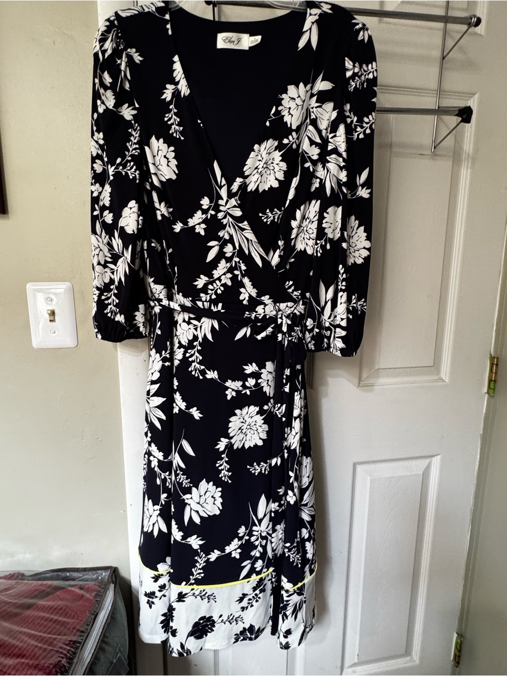 Eliza J Navy and White with Yellow piping Floral Wrap Midi Dress